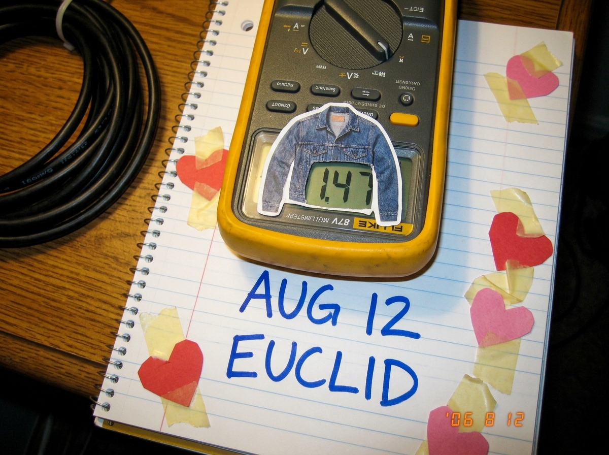 Photo of a Fluke 87V multimeter with a tiny denim jacket sticker stuck to the screen showing a 1.47 reading, sitting on notebook paper that says 'AUG 12 EUCLID' in marker with small paper hearts taped around the edges. A coiled 16awg extension cord is visible to the left.