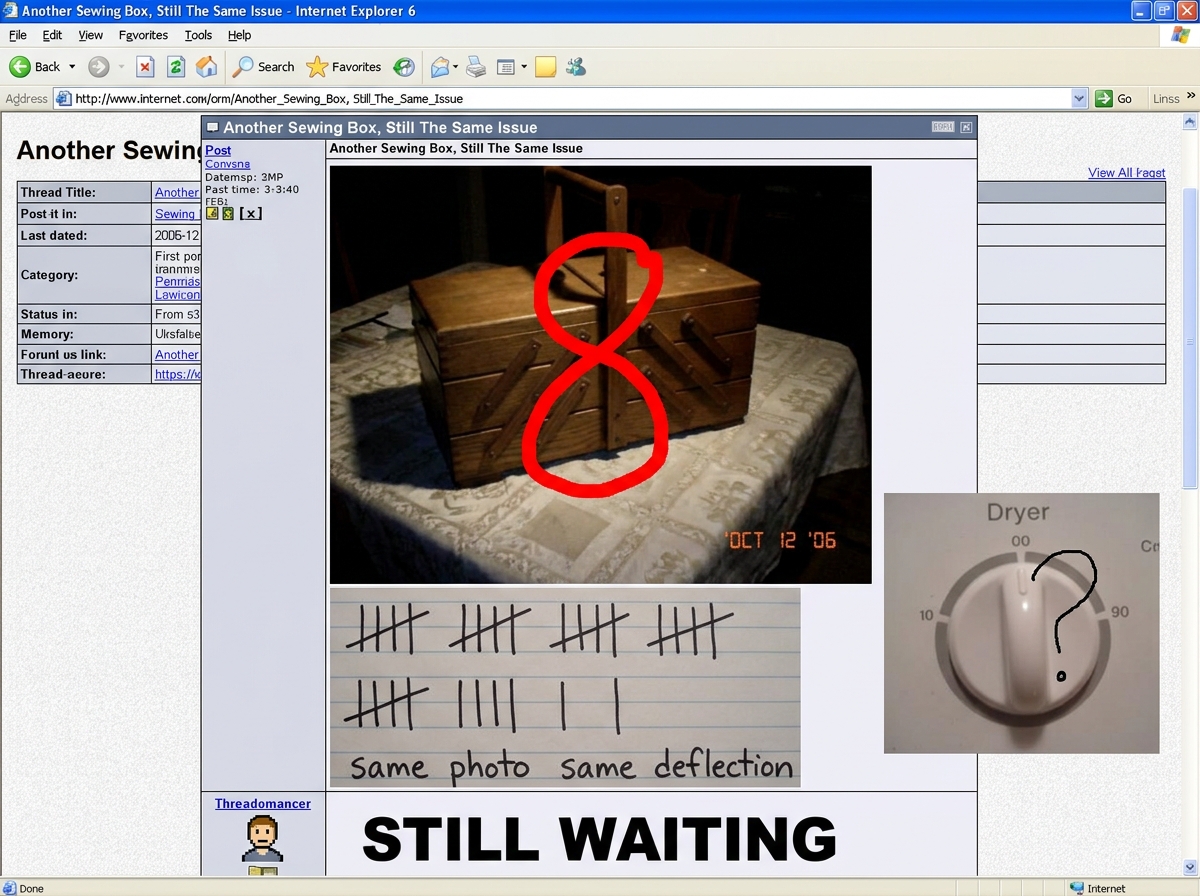 A screenshot of a forum post showing a sewing box photo with a giant red number 8 stamped over it and a tally mark chart below showing 8 tally marks labeled 'same photo same deflection'. A dryer is visible in the corner with a question mark. The text at the bottom reads 'STILL WAITING' in bold.