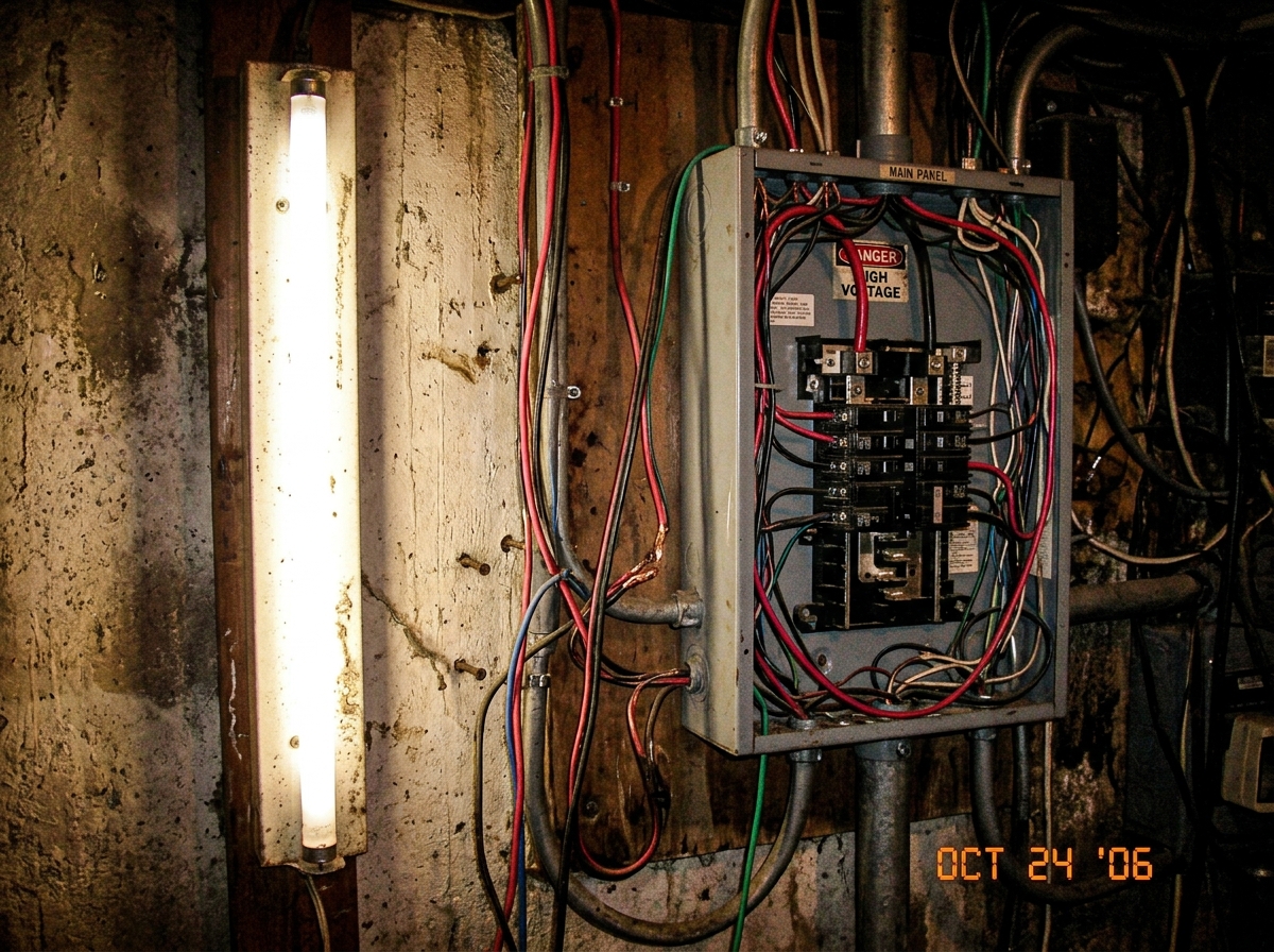 A photo taken in low light showing a fluorescent tube flickering next to an electrical panel with exposed wiring