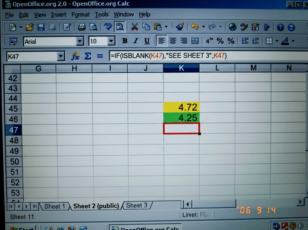 A screenshot of an OpenOffice Calc spreadsheet showing column K with rows 44-50 visible. Row 45 has a value 4.72 highlighted in yellow, row 46 has a value 4.25 highlighted in green, and row 47 is entirely blank with a red border. The formula bar at the top shows =IF(ISBLANK(K47),"SEE SHEET 3",K47). 