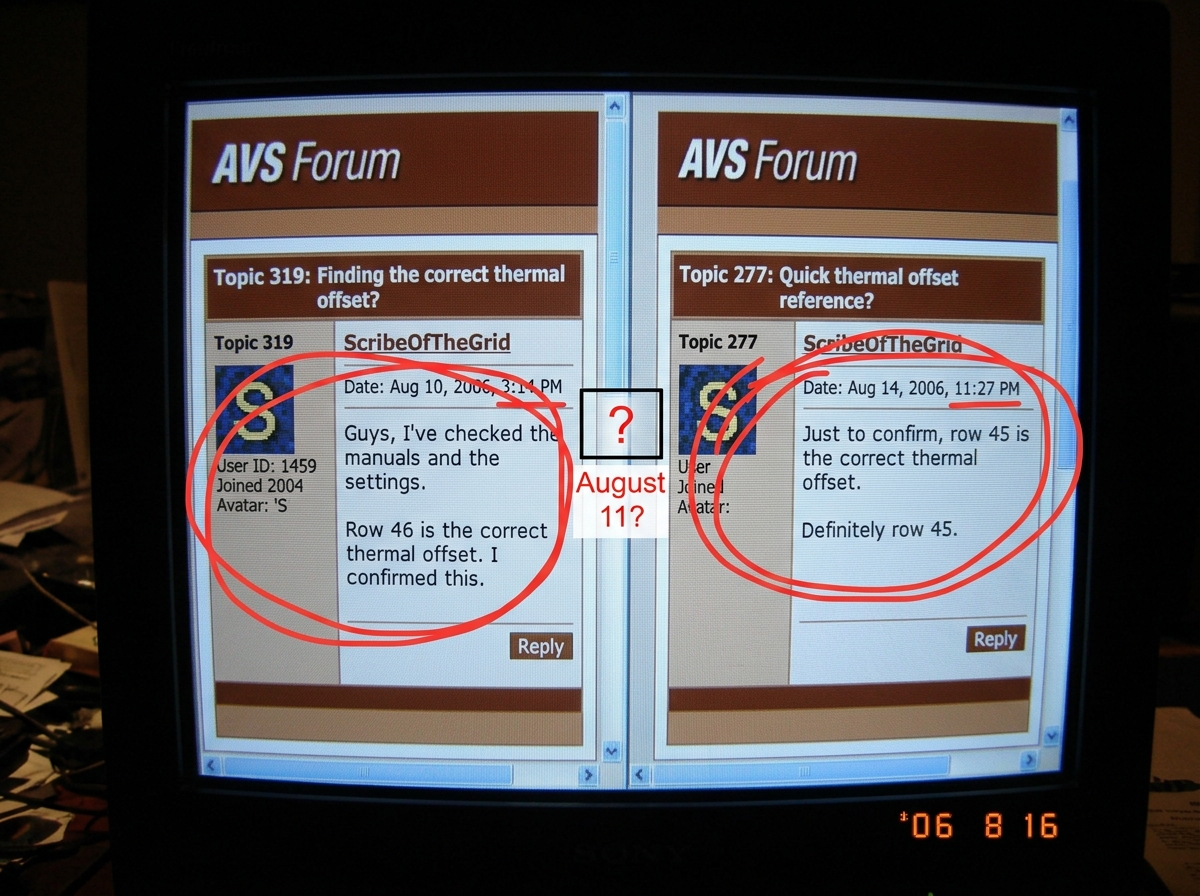 A screenshot of two forum posts side by side: ScribeOfTheGrid's post from topic 319 dated August 10 saying 'row 46 is the correct thermal offset' next to his post from topic 277 dated August 14 citing 'row 45 thermal offset'. Both are timestamped and circled in red. The date August 11 is highlighted