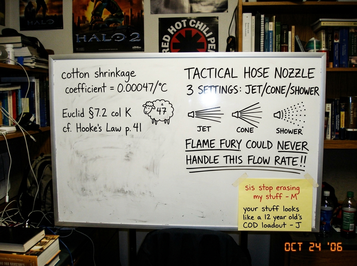 A slightly blurry photo taken from a phone camera of a whiteboard in a messy dorm room. On the whiteboard, two different handwritings. One side has neat cursive math equations: cotton shrinkage coefficient = 0.00047/°C, several cross-references to 'Euclid §7.2 col K', and a little doodle of a sheep
