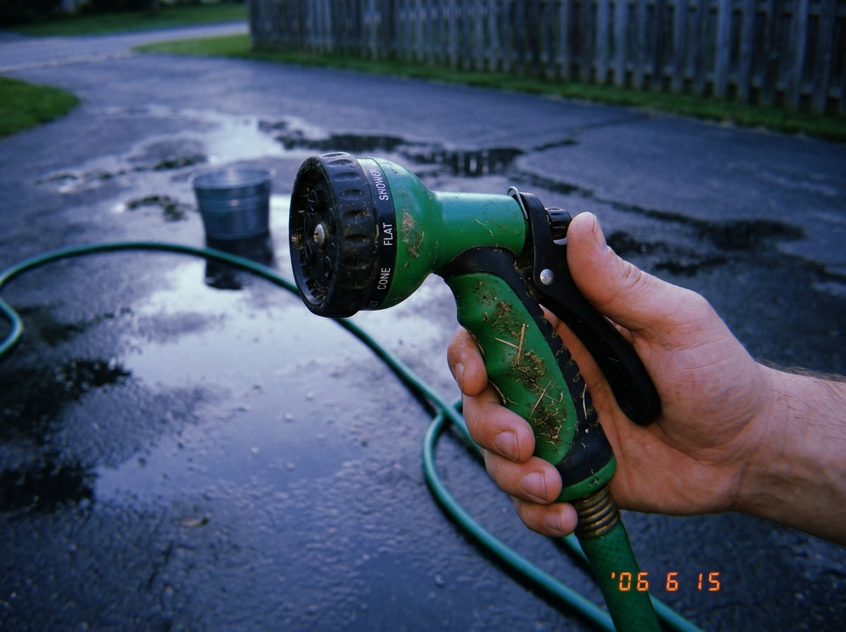 A close-up photo of a green garden hose nozzle held in a hand. The nozzle is set to 'JET' mode. In the background, a very wet driveway with puddles reflecting the evening sky. A metal bucket is visible against a fence, and a hose is snaking across the pavement. The nozzle has visible dirt and grass 