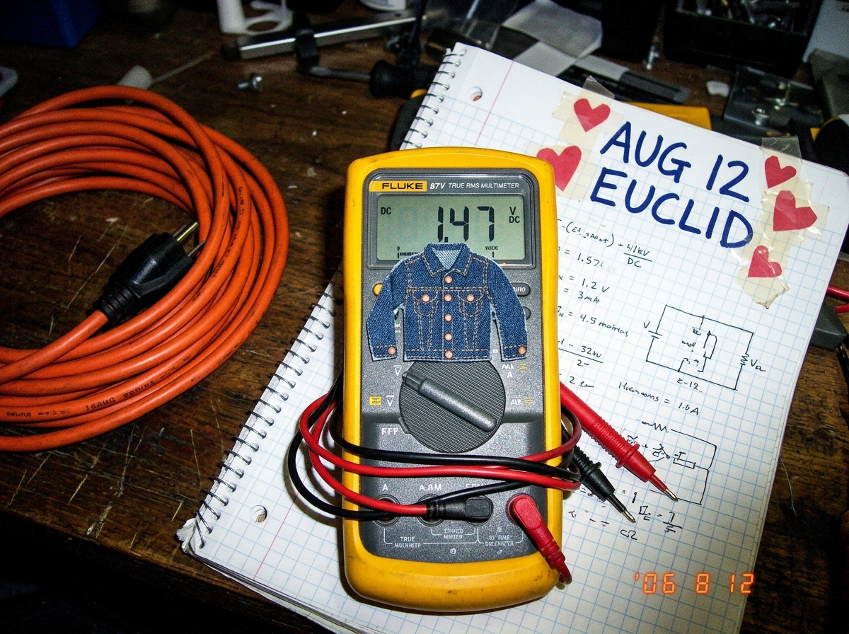 Photo of a Fluke 87V multimeter with a tiny denim jacket sticker stuck to the screen showing a 1.47 reading, sitting on notebook paper that says 'AUG 12 EUCLID' in marker with small paper hearts taped around the edges. A coiled 16awg extension cord is visible to the left.