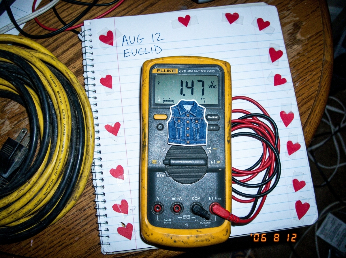 Photo of a Fluke 87V multimeter with a tiny denim jacket sticker on the screen showing 1.47 reading, sitting on notebook paper marked 'AUG 12 EUCLID' with paper hearts taped around edges, plus a coiled 16awg extension cord visible to the left
