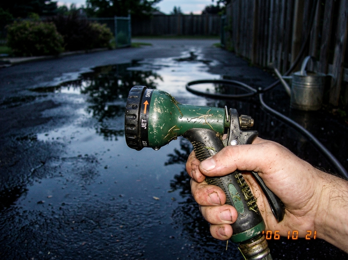 A close-up photo of a garden hose nozzle held in a hand, set to 'JET' mode. The background shows a wet driveway with puddles reflecting the evening sky, a metal bucket against a fence, and a hose snaking across pavement. The nozzle has visible dirt and grass on it.