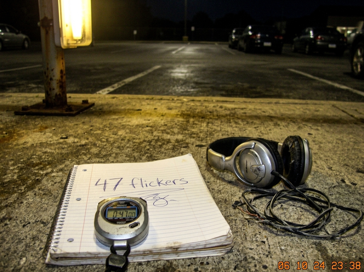 A blurry cell phone camera photo taken at night in a parking lot. A stopwatch lies on the concrete floor next to a flickering fluorescent pole light. The stopwatch reads 0:47.00. Underneath the stopwatch is a spiral notebook with the words '47 flickers' written in messy ballpoint pen. A pair of brok