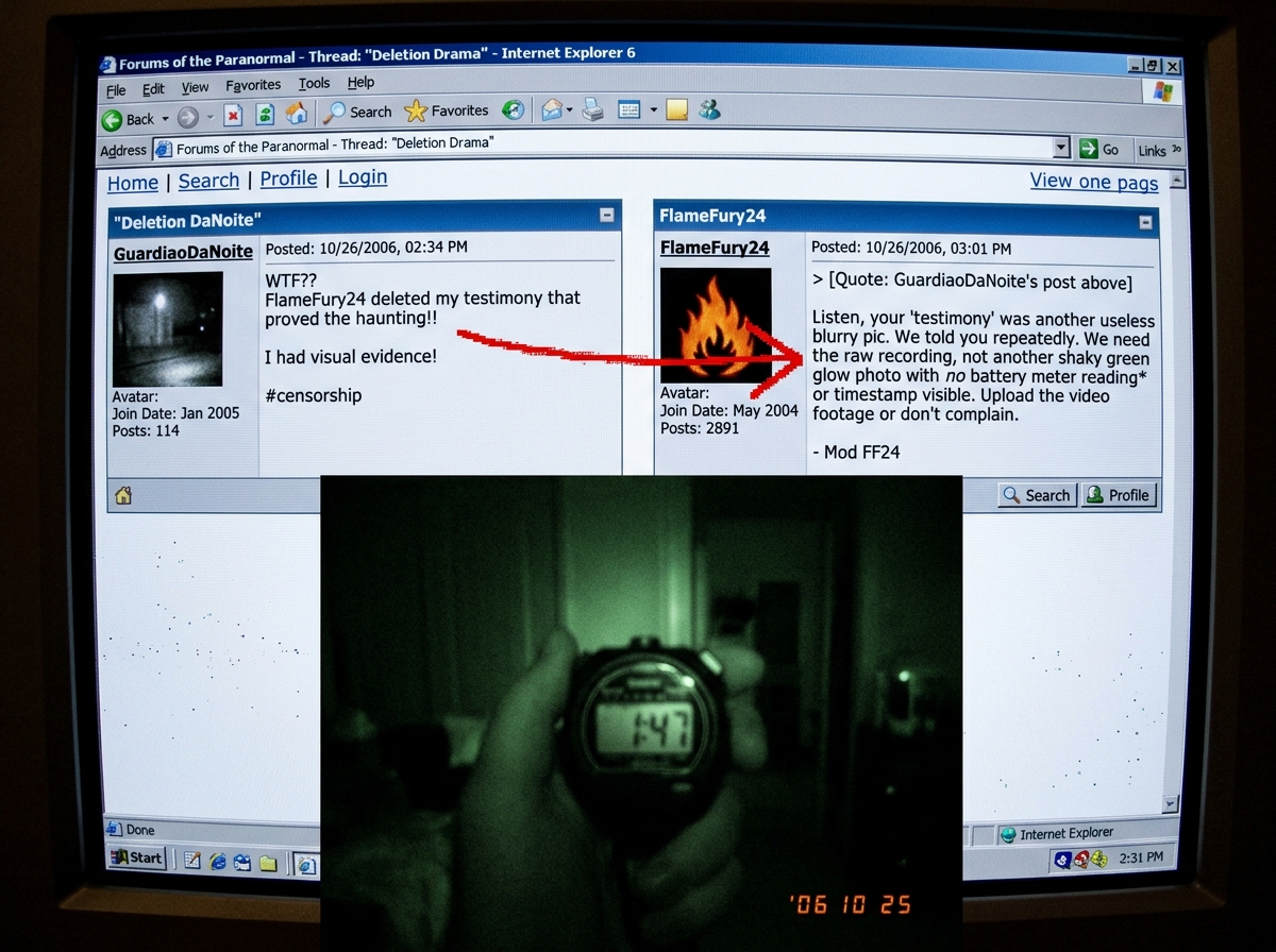 A screenshot of two forum posts side by side. The left one is GuardiaoDaNoite's post saying 'FlameFury24 deleted my testimony'. The right one is FlameFury24's reply asking for 'the raw recording instead of a green glow photo with no battery meter reading'. Both posts are timestamped. A red arrow poi
