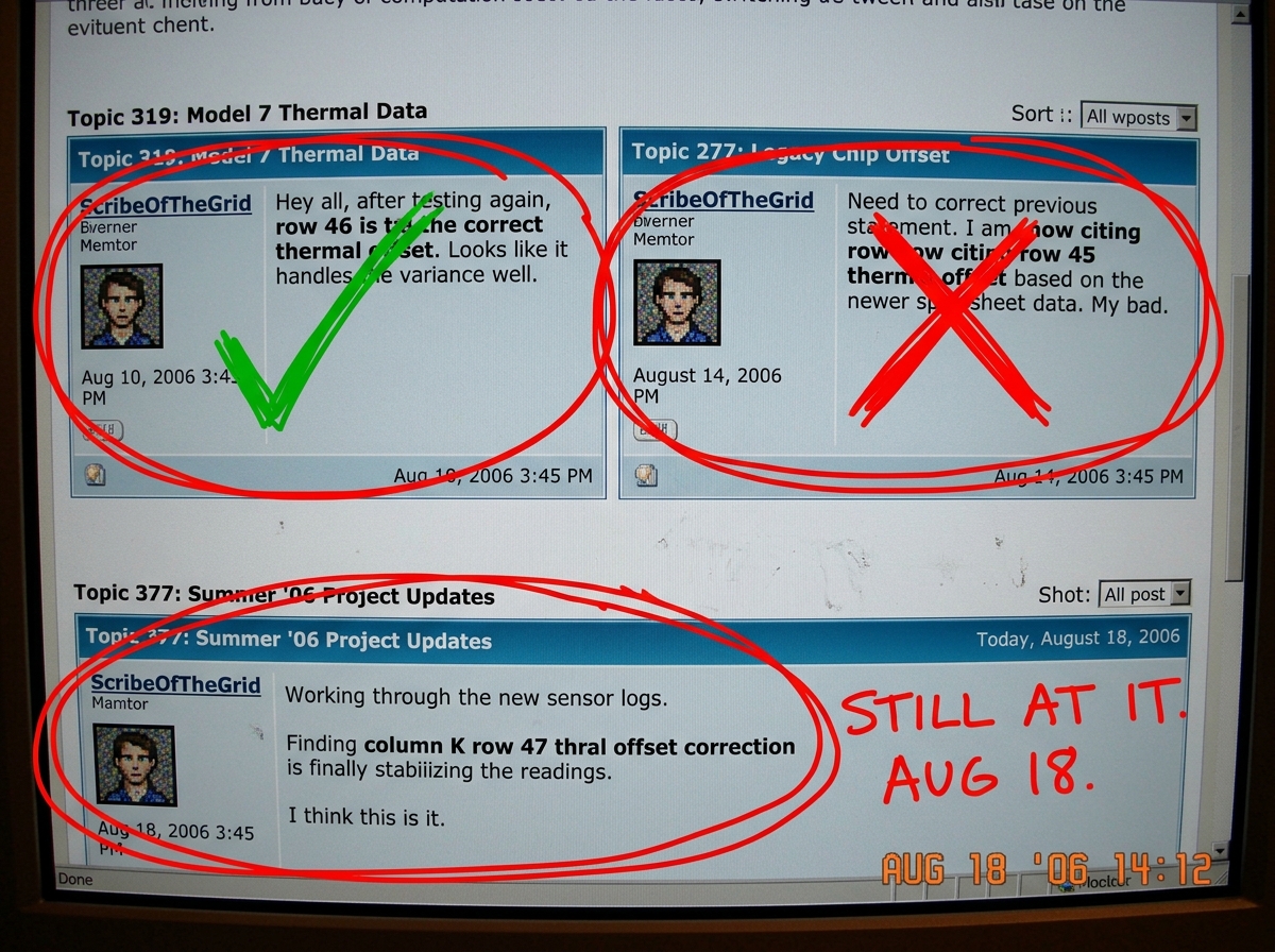 A screenshot of two forum posts side by side: ScribeOfTheGrid's post from topic 319 dated August 10 saying 'row 46 is the correct thermal offset' next to his post from topic 277 dated August 14 citing 'row 45 thermal offset'. Both are timestamped and circled in red. At the bottom, a new addition: a 