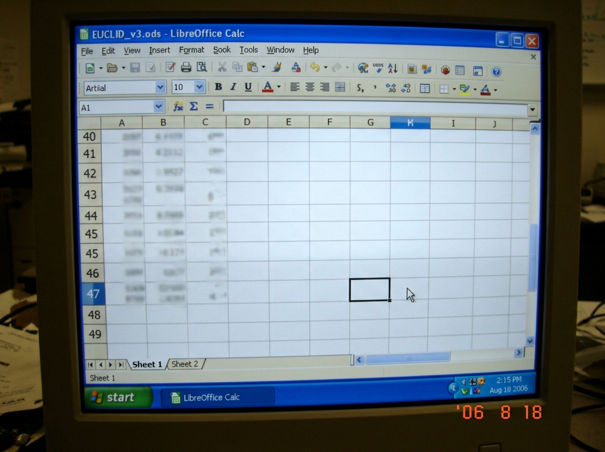 A blurry screenshot of a LibreOffice Calc spreadsheet window with visible sheet tabs at the bottom - only 'Sheet 1' and 'Sheet 2' are visible, no Sheet 3. The cursor is hovering over an empty cell in column K row 47. The window title reads 'EUCLID_v3.ods' and today's system clock in the corner shows