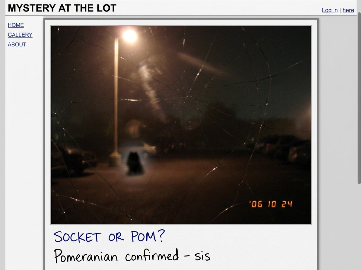 A blurry photo taken from a cracked phone camera lens showing a dark parking lot with a single streetlight pole. The image is so blurry it's difficult to distinguish shapes, though there's a vaguely socket-shaped dark spot near the base of the pole that could also be a small dog sitting up. Below, a