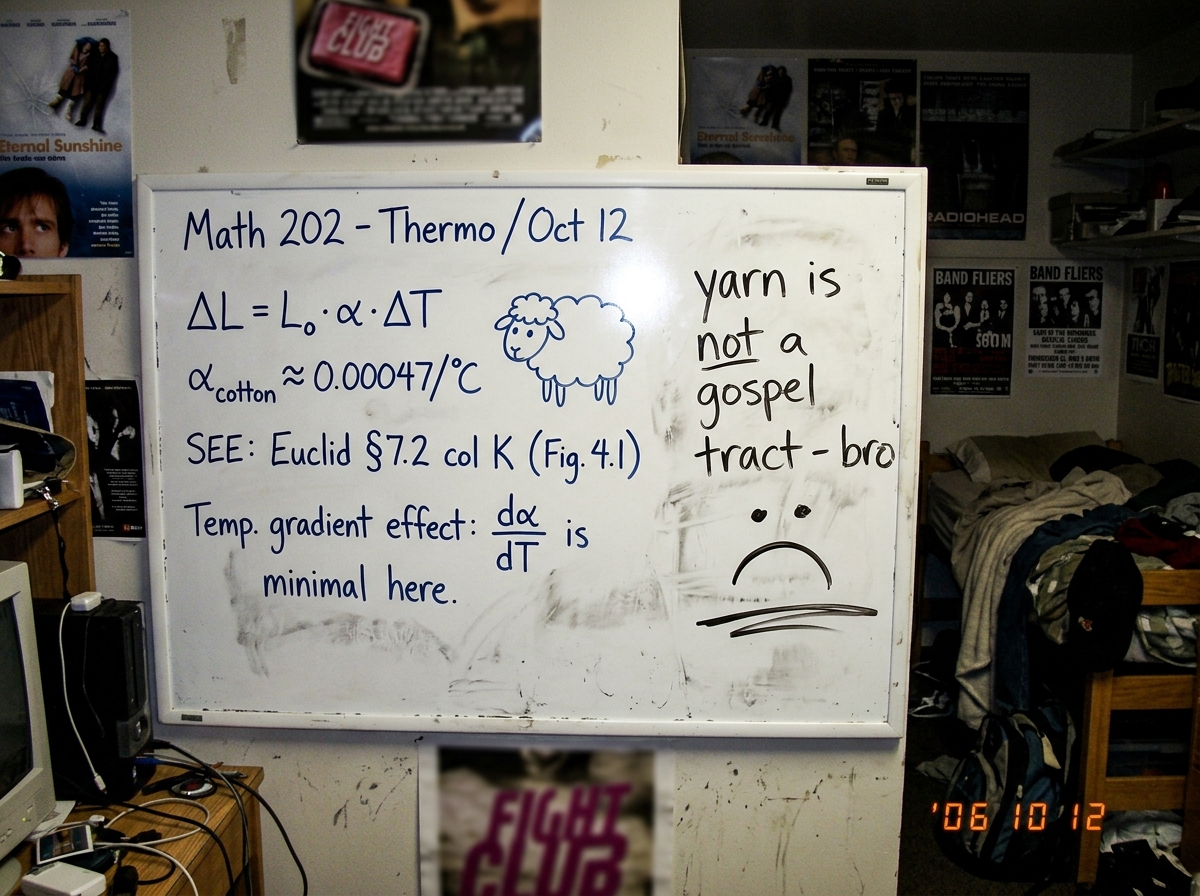 A whiteboard in a messy dorm room with two different handwritings. One side has neat cursive math equations including 'cotton shrinkage coefficient = 0.00047/°C', several cross-references to 'Euclid §7.2 col K', and a cute doodle of a sheep. The other side has messy block text reading 'yarn is not a