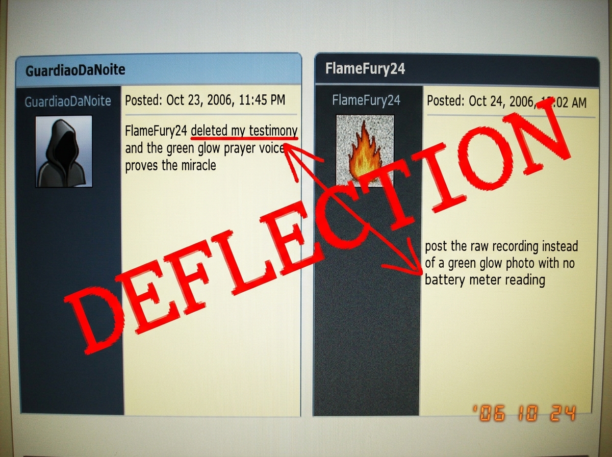 A screenshot of two forum posts side by side. Left: GuardiaoDaNoite's post saying 'FlameFury24 deleted my testimony and the green glow prayer voice proves the miracle'. Right: FlameFury24's reply asking 'post the raw recording instead of a green glow photo with no battery meter reading'. Both posts 