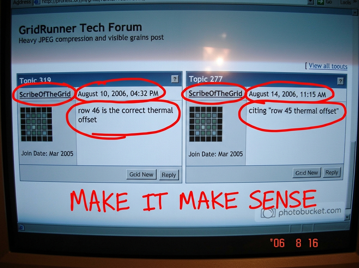 A zoomed screenshot of two forum posts side by side. Left: ScribeOfTheGrid's post in topic 319 (August 10) saying 'row 46 is the correct thermal offset'. Right: ScribeOfTheGrid's post in topic 277 (August 14) citing 'row 45 thermal offset'. Both are timestamped and circled in thick red marker. At th