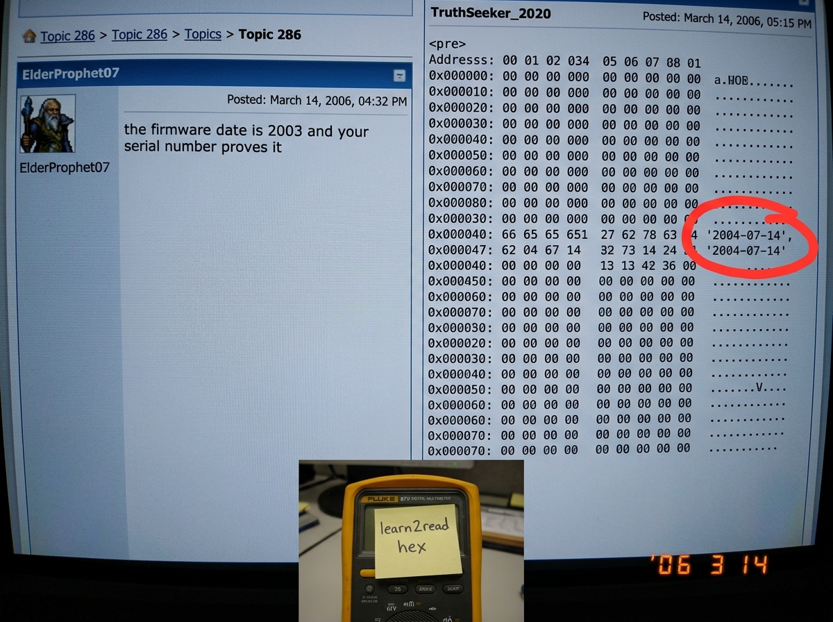 A split screenshot. Left side: ElderProphet07's post in topic 286 saying 'the firmware date is 2003 and your serial number proves it'. Right side: TruthSeeker_2020's firmware dump output showing offset 0x47 reads '2004-07-14'. Both posts timestamped. A thick red circle around the date mismatch. At t