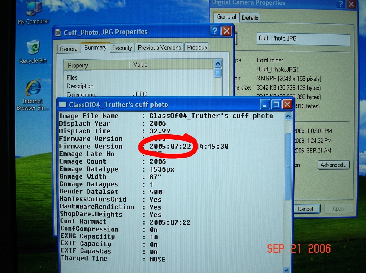 A screenshot of EXIF data from ClassOf04_Truther's cuff photo, showing the firmware date as 2005. The relevant line is circled in red. A digital camera properties window is visible in the background with the date circled.