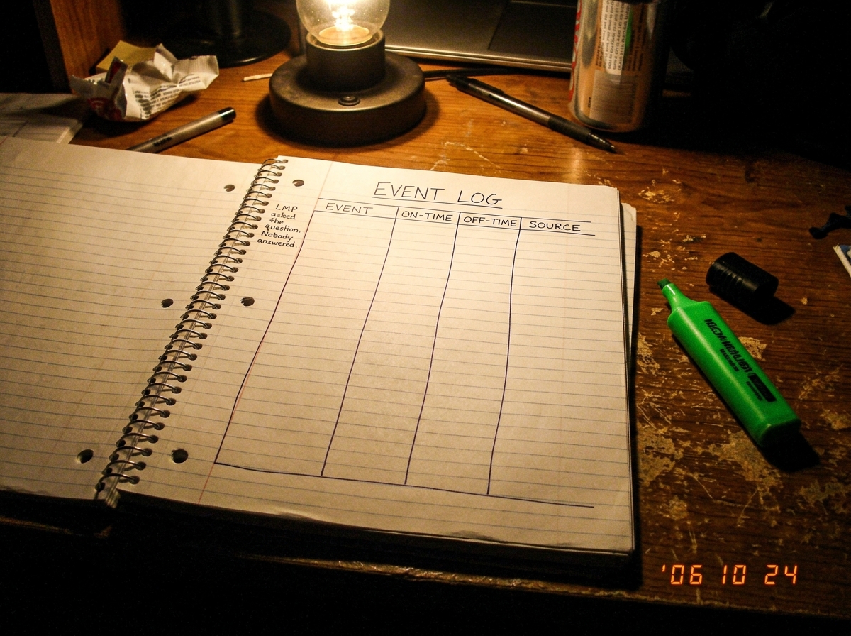 A spiral notebook page on a dorm desk, shown in dim lamplight. On it is a neatly drawn table with four columns: EVENT, ON-TIME, OFF-TIME, SOURCE. Only the headers are filled in legibly. The rest of the page is empty. A green highlighter rests uncapped next to the notebook. In the margin, small handw