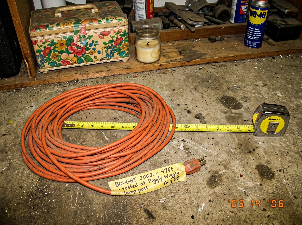 A photo of a dusty orange 16awg extension cord coiled on a garage floor, with a tape measure showing it's approximately 47 feet long. A handwritten label taped to the plug reads 'BOUGHT 2002 - 47ft - tested at Piggly Wiggly lamp post Aug 05'. In the background, a shelf with a sewing box and a half-b