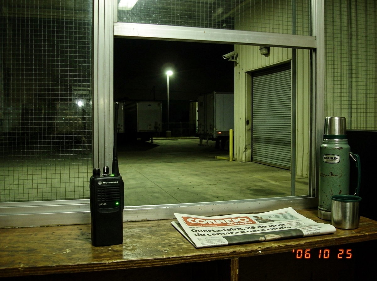 A photo taken from inside a security guard booth, looking out at a warehouse loading dock in darkness, the green LED of a walkie talkie visible on the counter, with a thermos and an old Portuguese newspaper beside it. A distant streetlight casts a greenish glow.