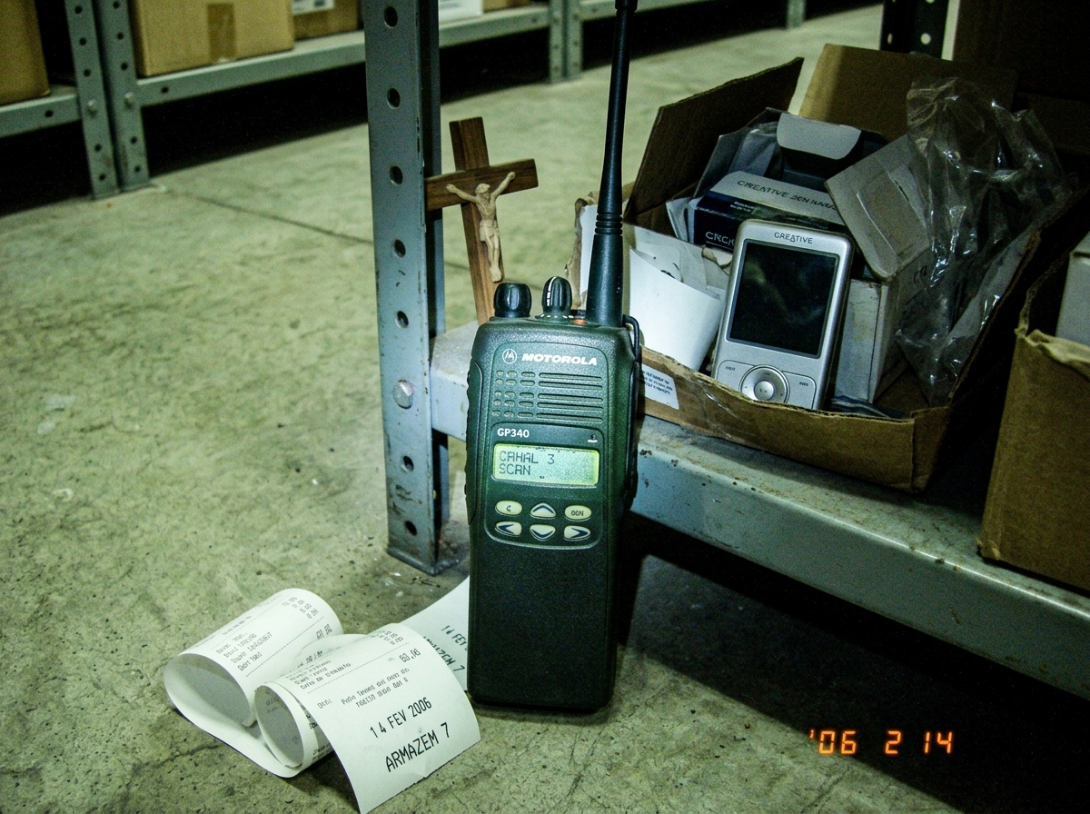 A grainy phone photo of a green-glow walkie talkie on a warehouse shelf at 1:47 AM, the screen showing faint static letters, with a small crucifix and an MP3 player visible in the background, thermal receipt paper curled on the floor showing the date stamped in Portuguese