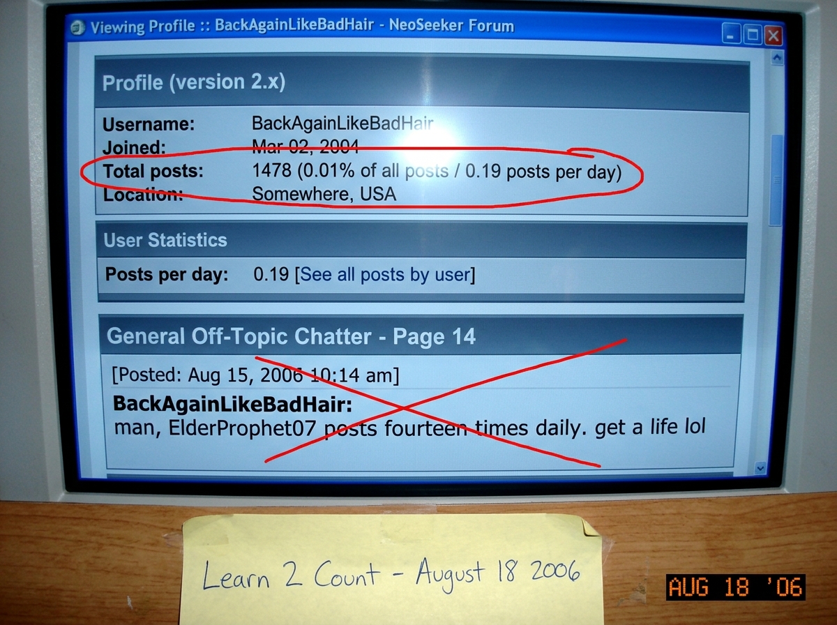 A screenshot of a phpBB forum profile page for BackAgainLikeBadHair showing post count 7 for the past three weeks. A red circle highlights the post count. Below it, a second screenshot shows BackAgainLikeBadHair's own earlier post claiming 'ElderProphet07 posts fourteen times daily' with a red X thr