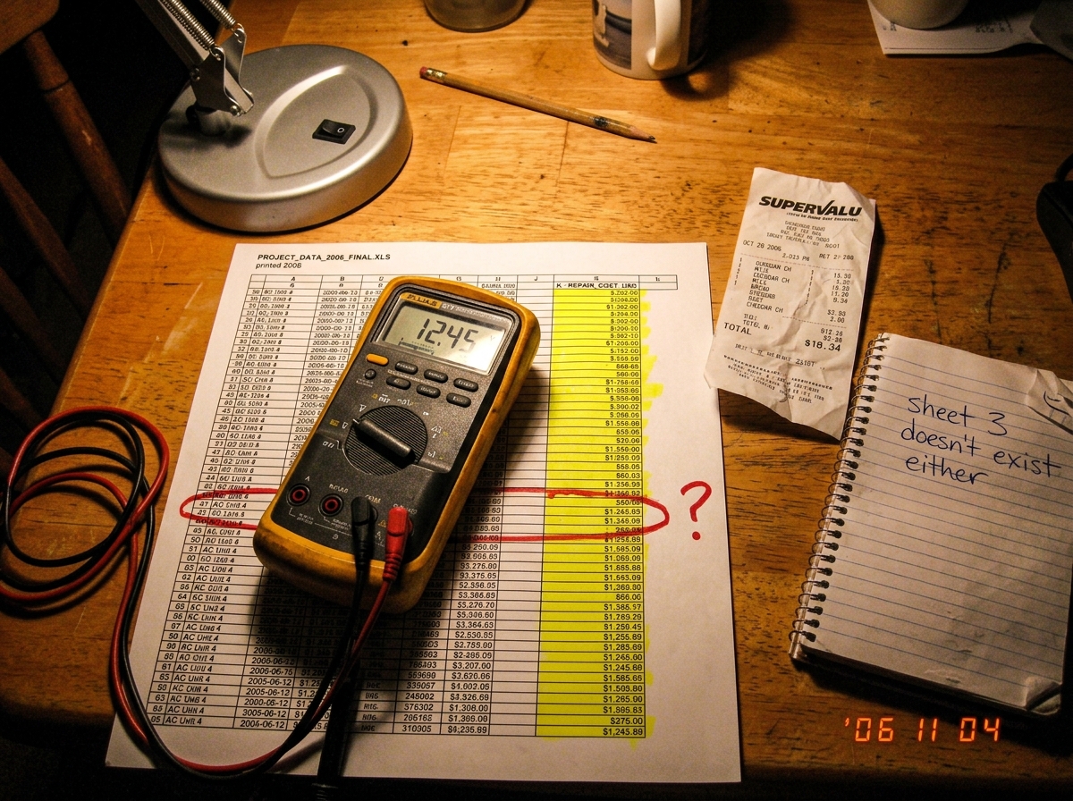 A printed spreadsheet page on a kitchen table under a desk lamp. Column K is highlighted in yellow marker. Row 47 is circled in red pen with a question mark next to it. A Fluke 87V multimeter sits on top of the paper, partially covering the cell references. Next to the spreadsheet is a crumpled chee