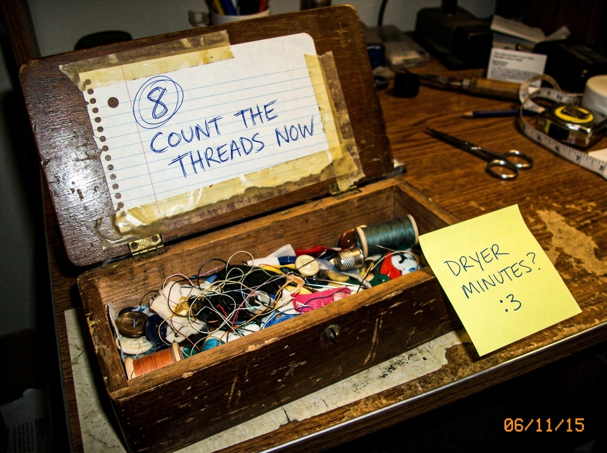 A low-quality digital camera photo of a sewing box. A scrap of notebook paper taped to the lid has a crudely drawn '8' with a circle around it and the text 'COUNT THE THREADS NOW' in ballpoint pen. Next to the box, a sticky note reads 'DRYER MINUTES? :3' in handwriting.