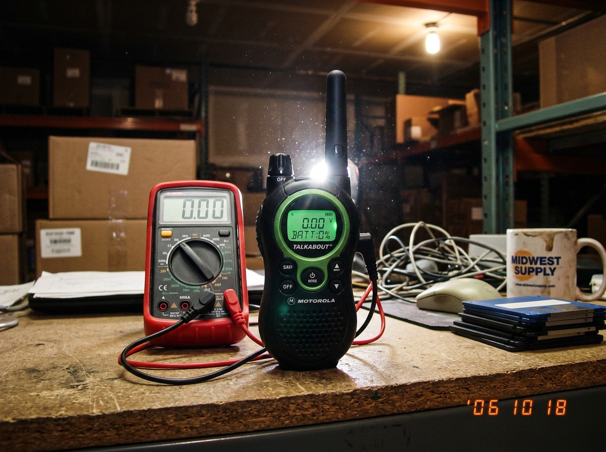 A green-glow walkie talkie sitting on a warehouse desk at night, the green LED display glowing faintly even though the battery multimeter reads 0.00. The camera flash catches dust floating in the air around it.