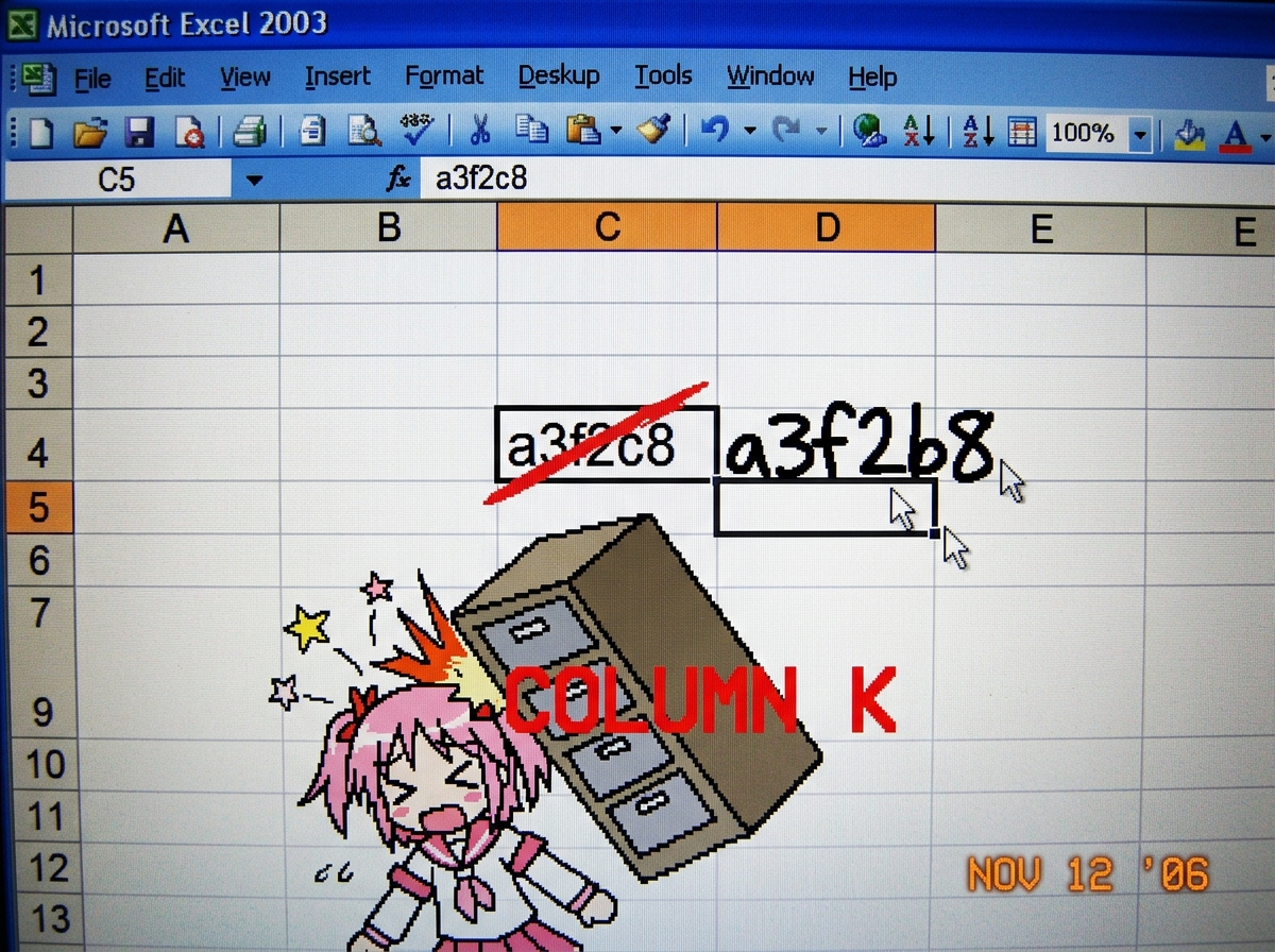 A screenshot of a spreadsheet cell showing 'a3f2c8' crossed out in red with 'a3f2b8' written next to it in angry handwriting, with a crudely drawn SakuraMirror avatar (pink anime girl) being hit by a falling filing cabinet labeled 'COLUMN K'.
