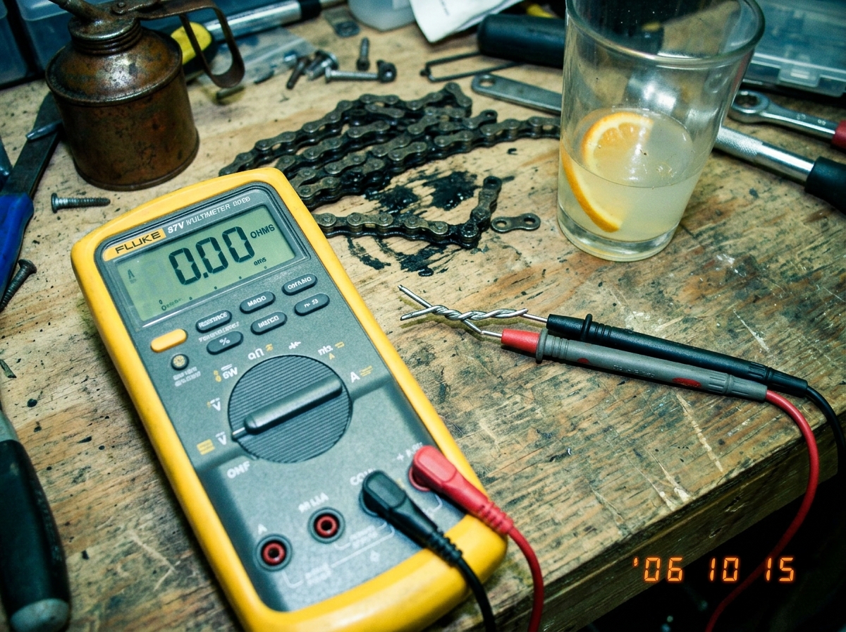 A smartphone photo of a Fluke 87V multimeter sitting on a garage workbench, the display reading 0.00 ohms, the leads are twisted together in a short. The background shows a bicycle chain with grease on it and a half-empty lemonade glass.
