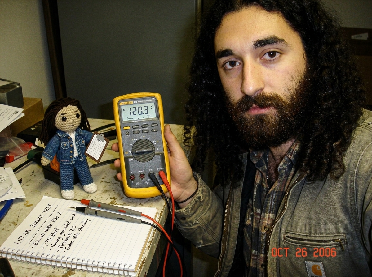A photo of a Fluke 87V multimeter set to AC voltage mode, its probes arranged in a perfect straight line next to a handwritten checklist that reads '1.47 AM SOCKET TEST - EUCLID NODE Pole 3 - 1:45 start - 16awg grounded cord - firmware 2.0 - Gabe-able standby' with a small crocheted doll wearing a d