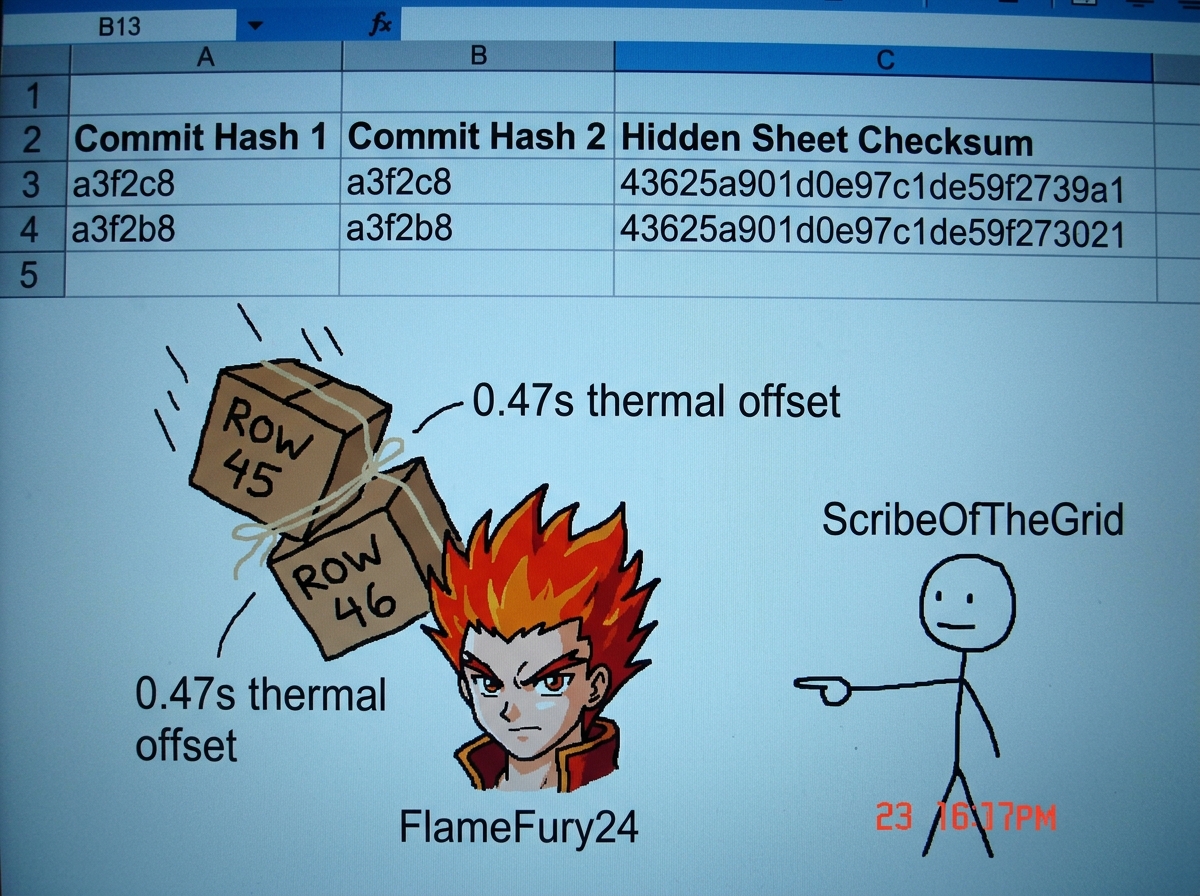 A screenshot of a spreadsheet with two commit hashes side by side - 'a3f2c8' and 'a3f2b8'. A third column labeled 'hidden sheet checksum' shows matching values that verify row continuity across the two revisions. Below the spreadsheet, a crudely drawn MSPaint illustration shows the FlameFury24 avata