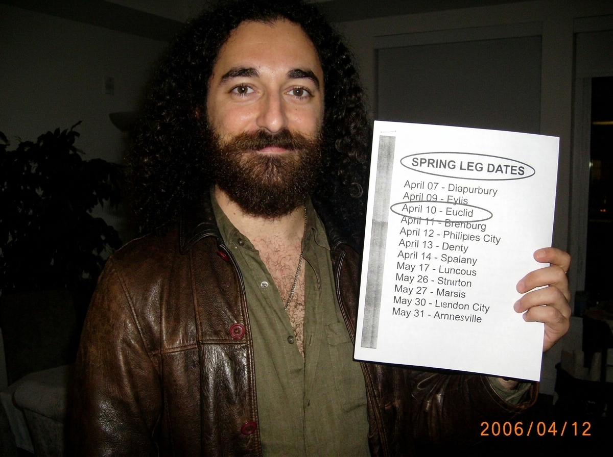 A photocopied page from a 2003 Gabriel Chantayan tour program with page 14 circled, showing the spring leg dates list with Euclid listed but no city for the third date.