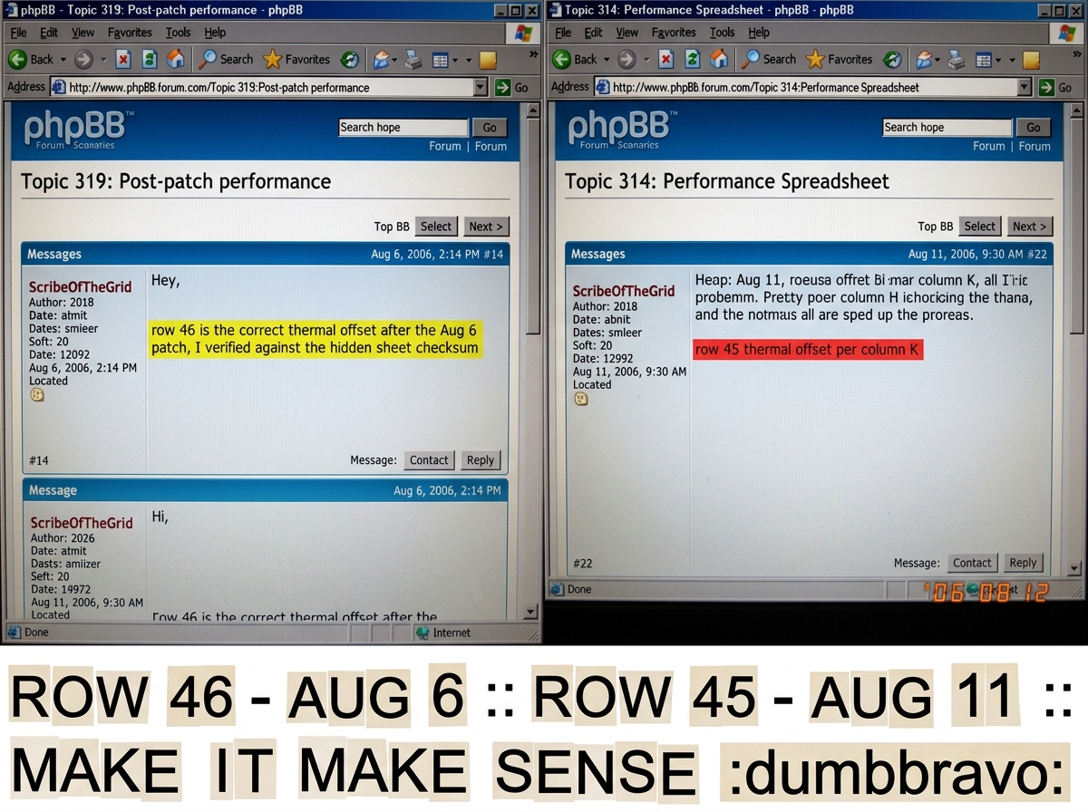 A split-screen screenshot collage. Left side: a phpBB post from topic 319 post #14 by ScribeOfTheGrid with text 'row 46 is the correct thermal offset after the Aug 6 patch, I verified against the hidden sheet checksum' highlighted in yellow. Right side: a phpBB post from topic 314 post #22 by Scribe