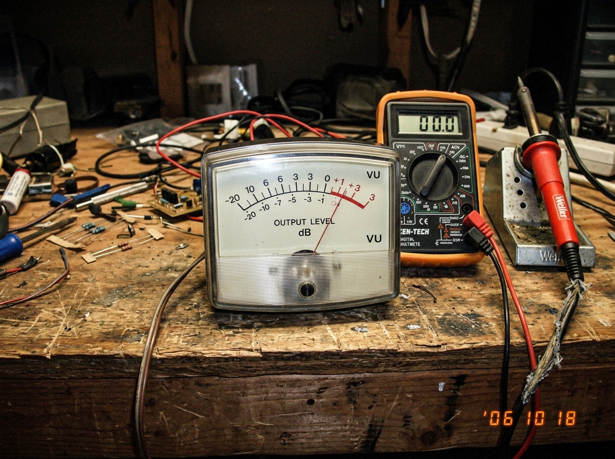 A close-up of an analog VU meter with the needle pinned at zero, sitting on a workbench next to a soldering iron and a multimeter.