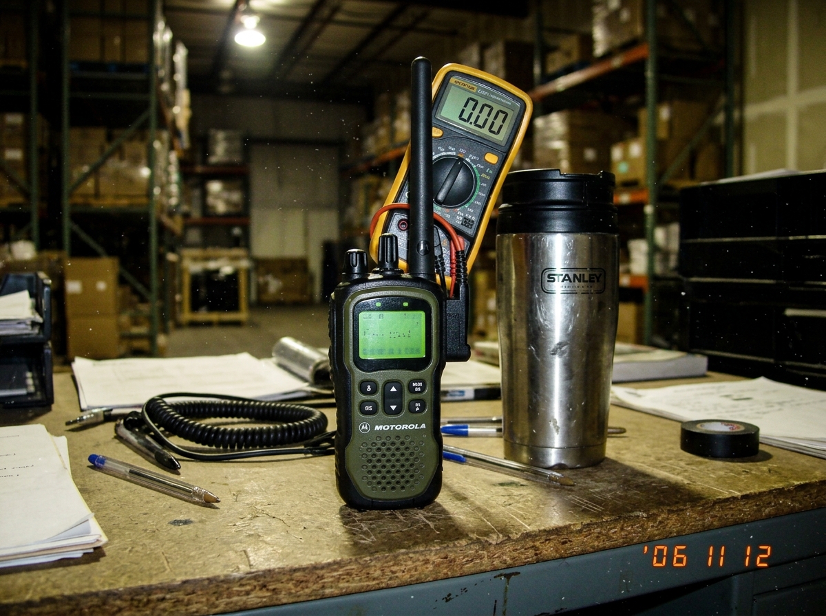 Green-glow walkie talkie on a warehouse desk at night, green LED display glowing faintly though battery multimeter reads 0.00, dust floating in air around it while a coffee thermos sits nearby