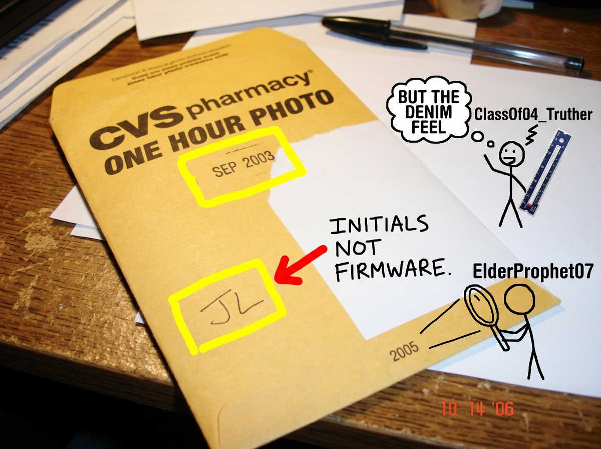 A crudely edited digital camera photo of a CVS one-hour photo envelope dated SEP 2003. A yellow highlighted box has been MSPainted around the date stamp. Below it, a second box is drawn around the initials 'JL' with an arrow pointing to text: 'INITIALS NOT FIRMWARE.' A small stick figure labeled 'Cl