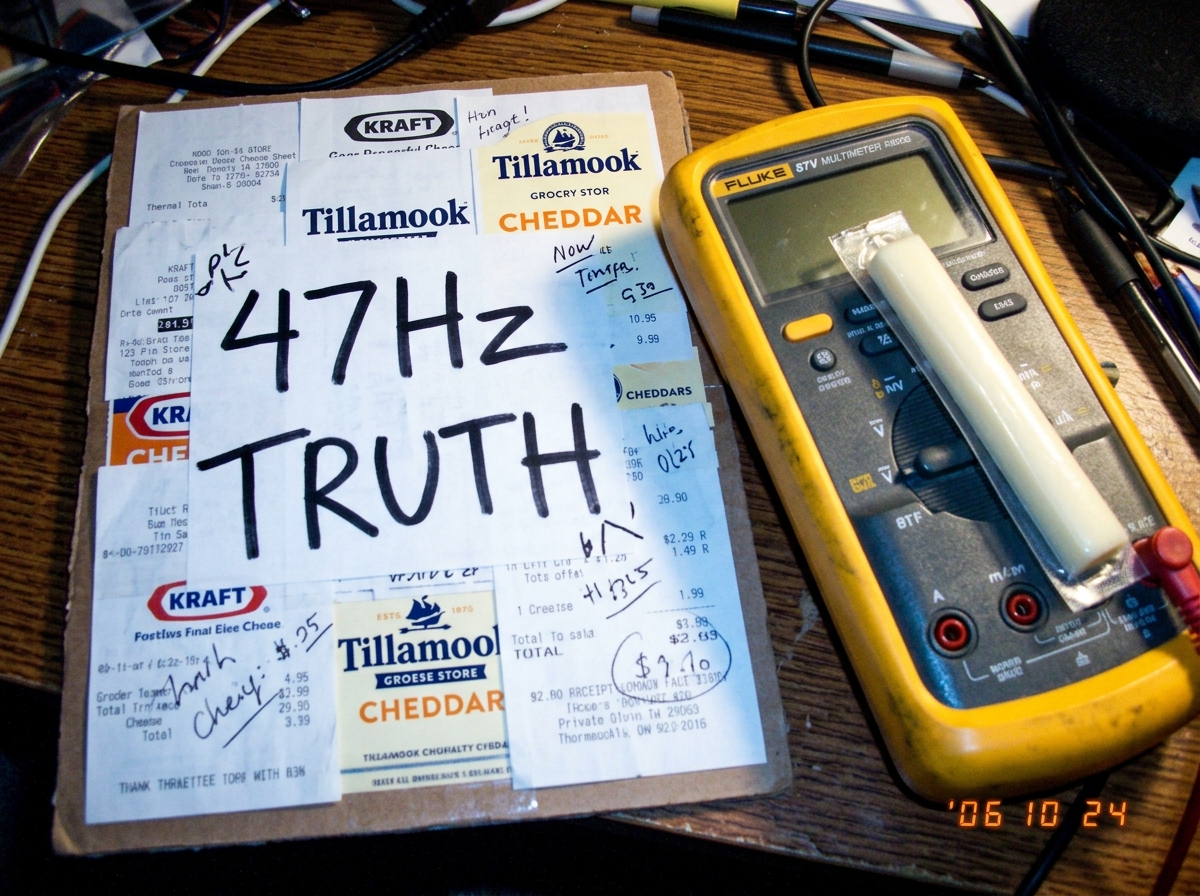 Photo of a Fluke 87V multimeter sitting next to a cheese receipt shrine collage with the words 47Hz TRUTH written in Sharpie, with a small string cheese stick resting against the display