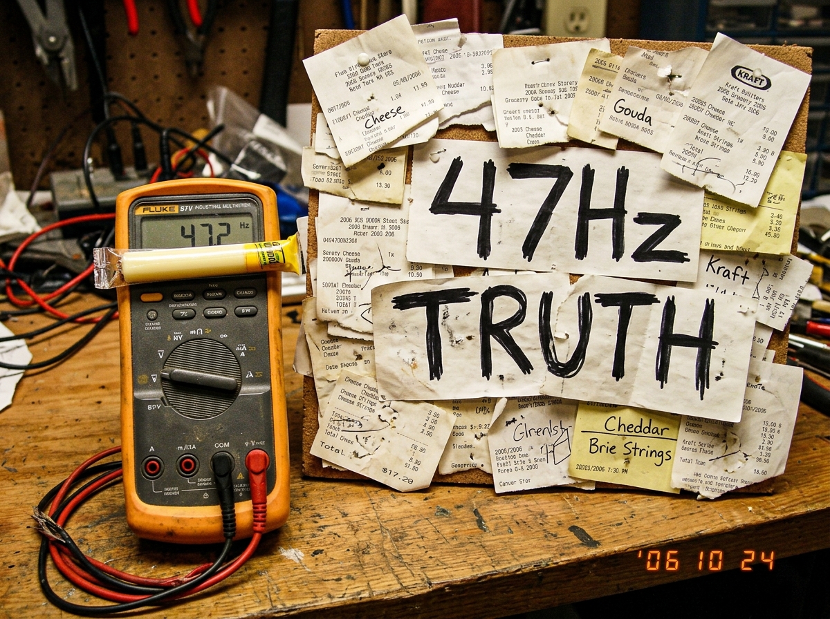 Photo of a Fluke 87V multimeter sitting next to a cheese receipt shrine collage with the words 47Hz TRUTH written in Sharpie, with a small string cheese stick resting against the display