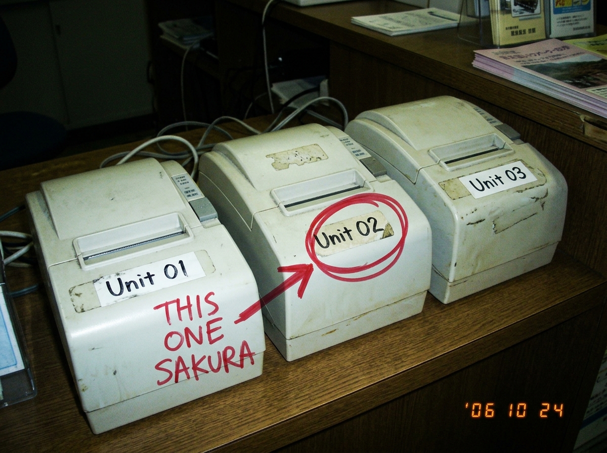 A poorly-lit photo of three Tsukuba Station kiosk receipt printers labeled Unit 01, Unit 02, Unit 03, taken on a flip phone with visible blur. A red Sharpie circle is drawn around the number 02 with an arrow and text 'THIS ONE SAKURA' in messy handwriting.