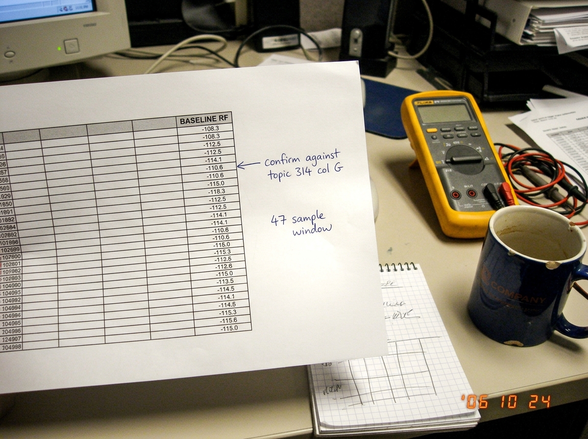 A photo taken from a desk of a printed spreadsheet showing a column labeled 'BASELINE RF' with values in dBm ranging from -108 to -115, with handwritten notes in blue ink in the margins including 'confirm against topic 314 col G' and '47 sample window'. A Fluke 87V multimeter sits on the corner of t