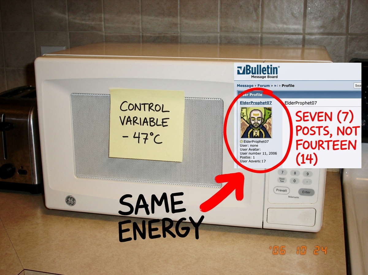 A crudely edited MSPaint image showing a GE microwave with a post-it note stuck to it that reads 'CONTROL VARIABLE - 47°C' in Sharpie. Next to it is a screenshot of ElderProphet07's forum profile circled in red with 'SEVEN (7) POSTS, NOT FOURTEEN (14)' written in angry red comic sans. A hand-drawn a