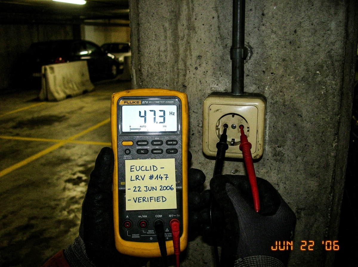 A close-up of a Fluke 87V multimeter held against a beige wall socket in what appears to be a dimly lit parking garage. The LCD screen shows 47.3 Hz in bold digits. A handwritten sticky note on the meter reads 'EUCLID - LRV #147 - 22 JUN 2006 - VERIFIED' in careful block lettering. The background sh
