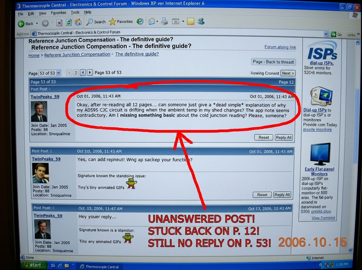 A screenshot of a forum thread showing TwinPeaks_59's unanswered question about reference junction compensation from page 12, now on page 53. A red circle highlights the unanswered question, and a crude MS Paint arrow points down to where the thread currently is. The image is grainy, as if screen-ca