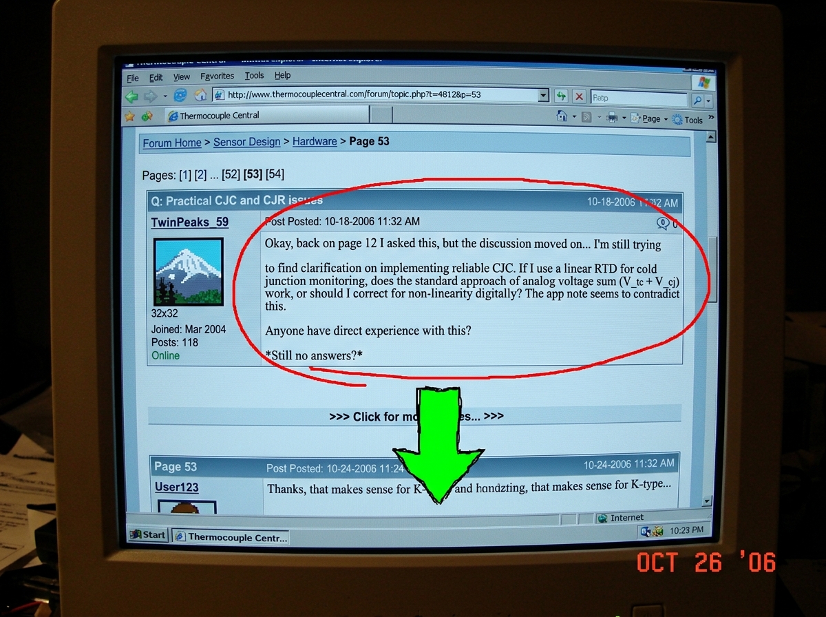 A screenshot of a forum thread showing TwinPeaks_59's unanswered question about reference junction compensation from page 12, now on page 53. A red circle highlights the unanswered question, and a crude MS Paint arrow points down to where the thread currently is. The image is grainy, as if screen-ca
