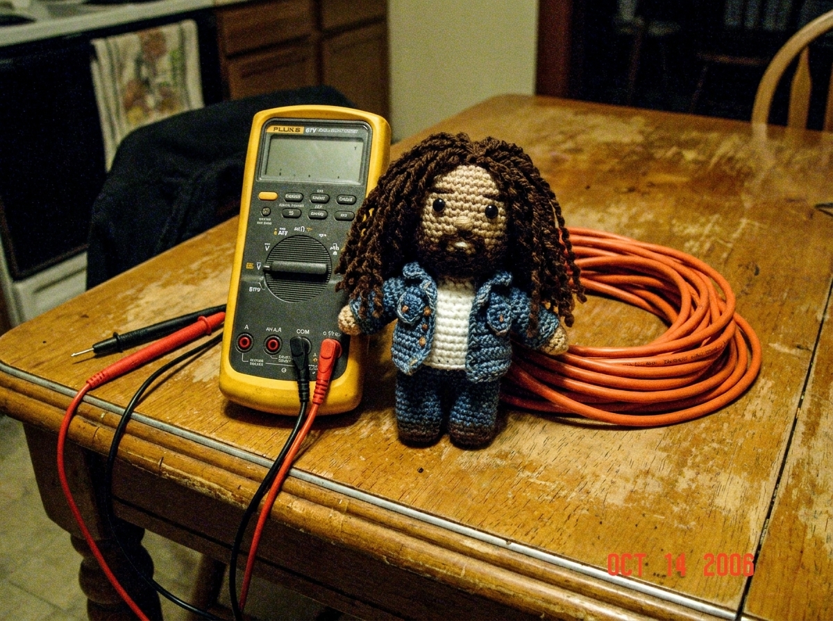 Photo of a Fluke 87V multimeter sitting on a kitchen table next to a crocheted gray Gabe-able doll wearing a tiny denim jacket, with a folded 16awg extension cord coiled beside it