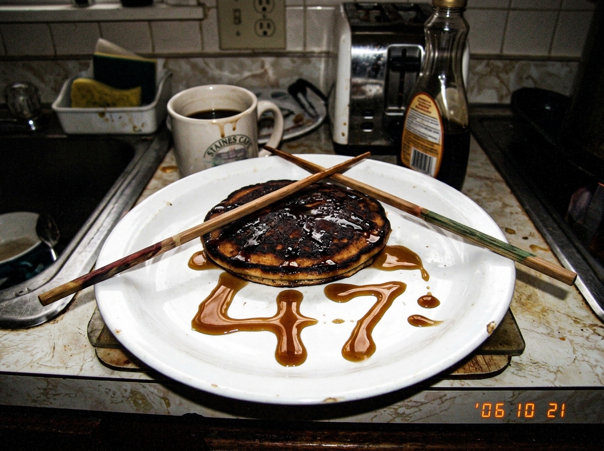 A burnt pancake on a plate with syrup drips arranged in a rough 47 shape, with a pair of chopsticks laid across the plate at a 47-degree angle. The pancake is clearly dark brown on one side. A partial view of a messy kitchen counter with a coffee mug in the background.