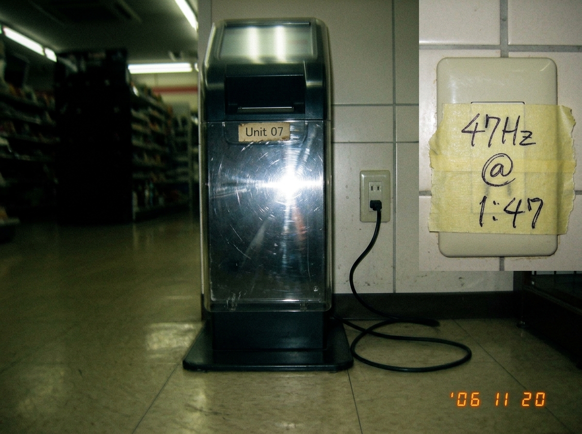 A blurry photo taken in a convenience store at night, showing a thermal receipt kiosk (Unit 07) with its power cord visible going into a standard Japanese two-prong wall outlet. A piece of masking tape on the outlet cover has handwritten text '47Hz @ 1:47' in black ballpoint pen. The photo is taken