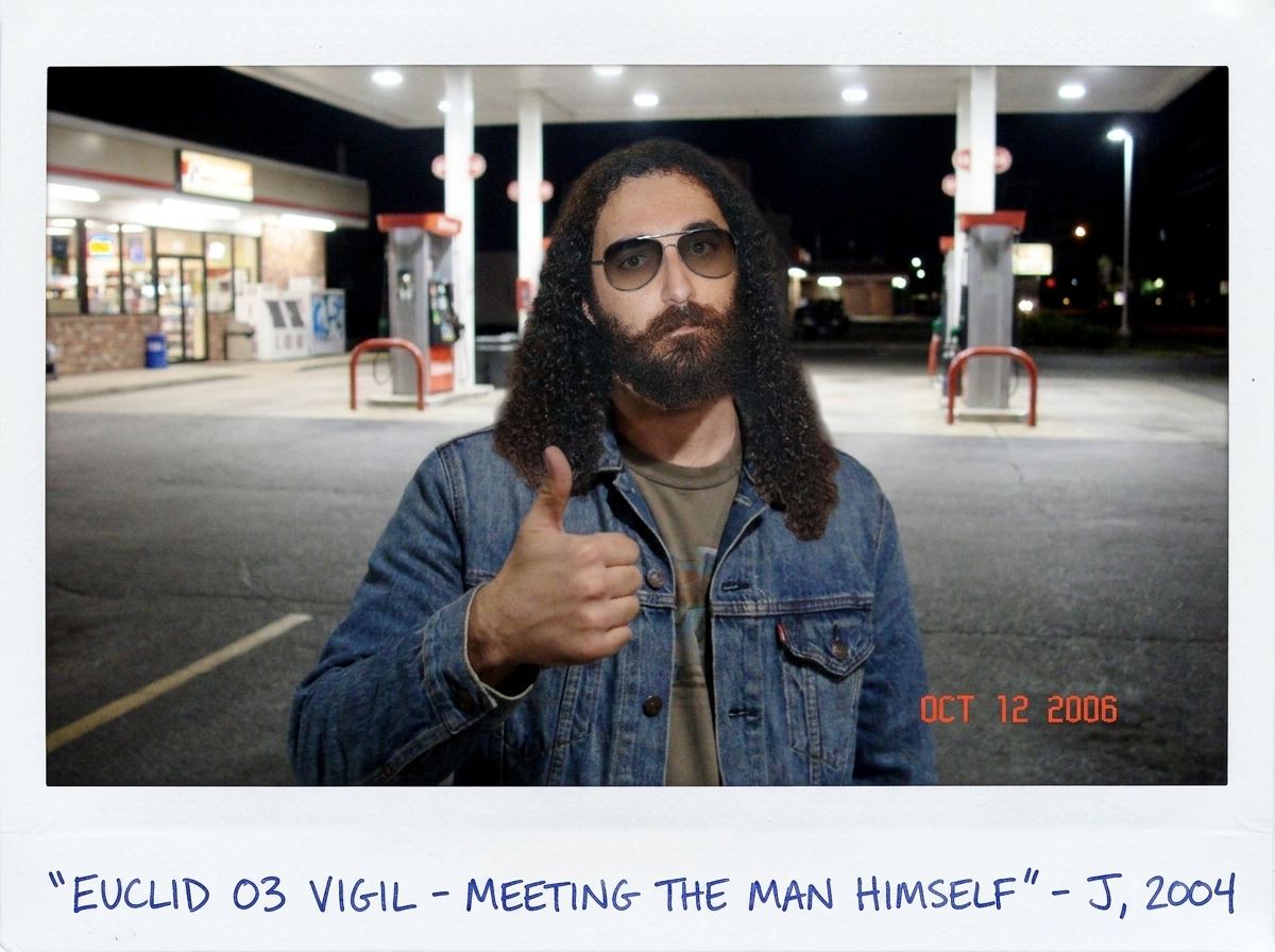 A slightly blurry Polaroid photograph of a young man in a denim jacket and sunglasses standing in a gas station parking lot, giving a thumbs-up. His face is clearly photoshopped - the skin tone mismatch is obvious and the head is slightly too large for the body. The jacket and posture match a well-k