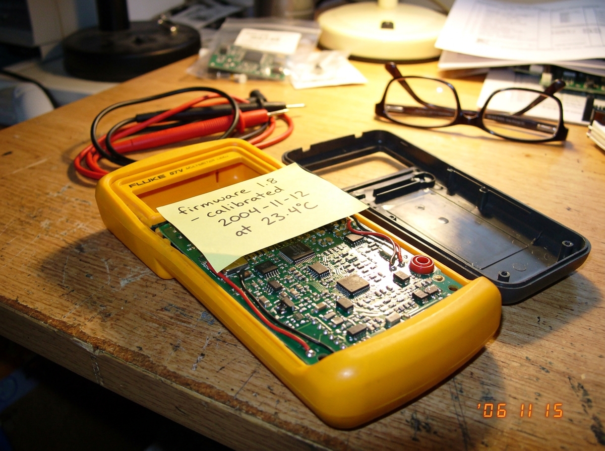 A photograph of a Fluke 87V multimeter lying open on a wooden desk, with its back cover removed to reveal the circuit board. A yellow sticky note pasted across the board reads 'firmware 1.8 - calibrated 2004-11-12 at 23.4C' in careful handwriting. A pair of reading glasses rests in the background. T